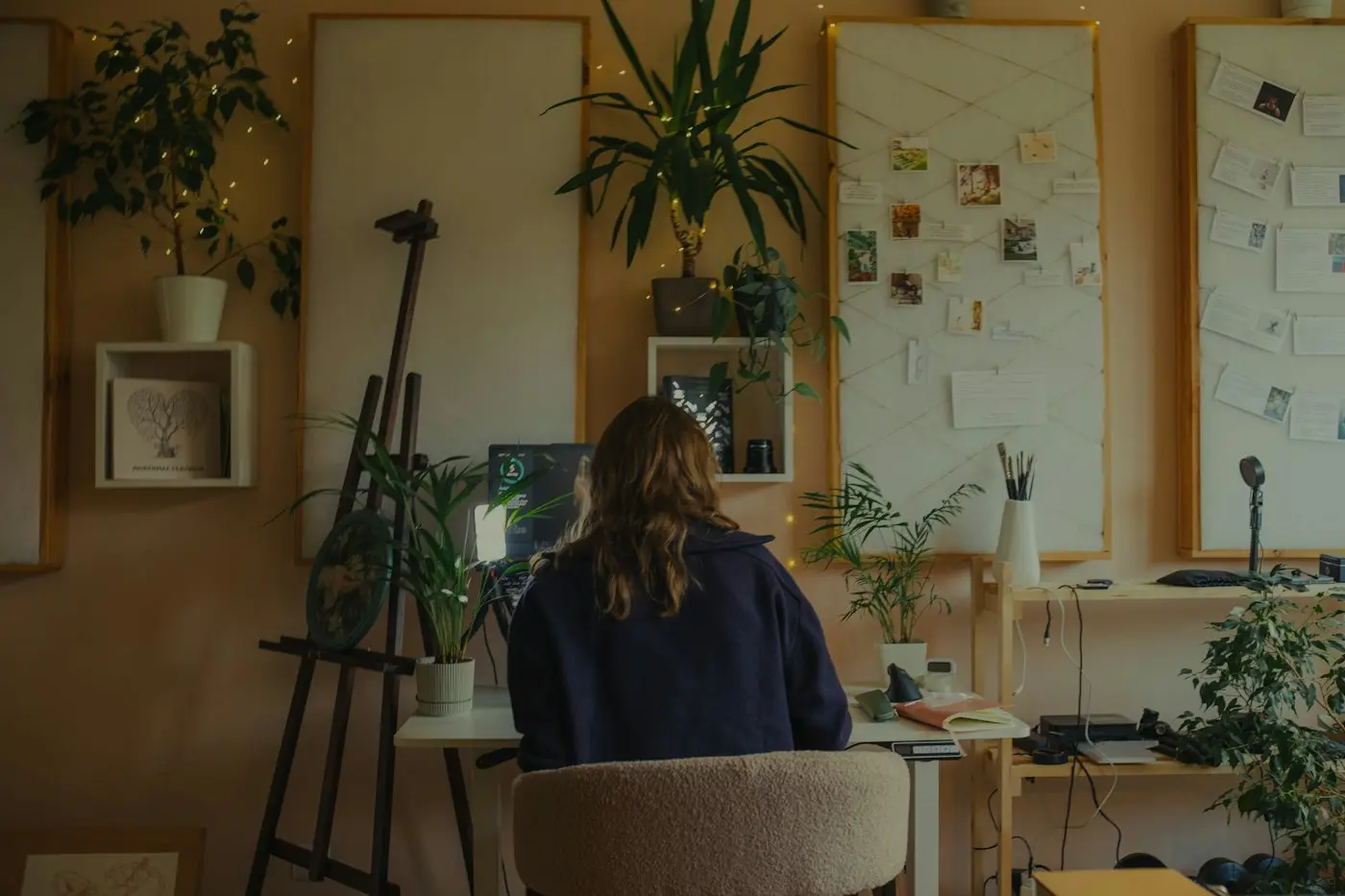 A woman working at a desk in a bright studio filled with plants