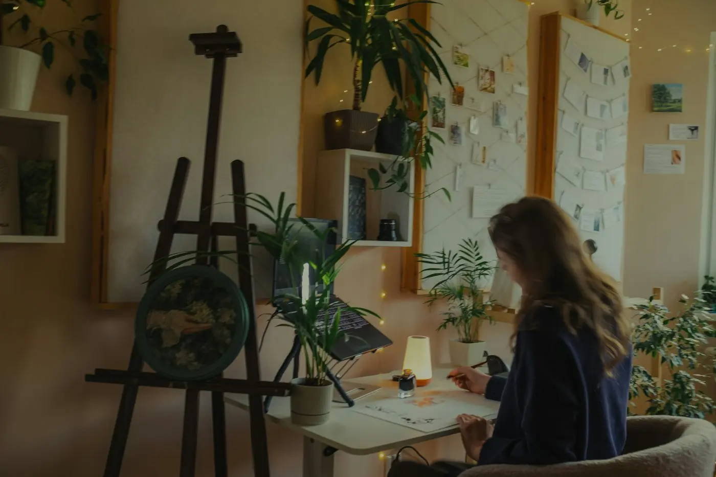 A young woman sketching at a desk in a cozy room